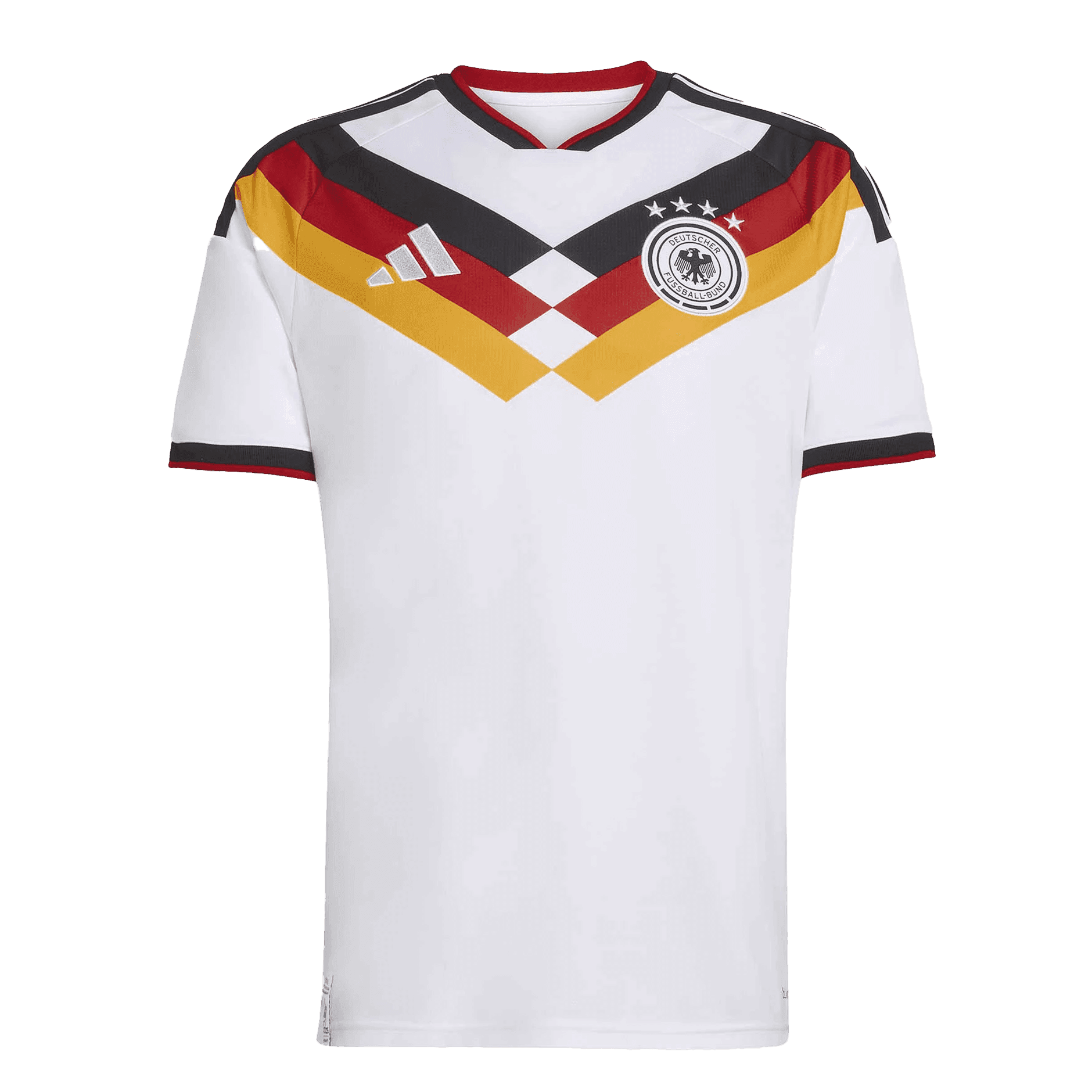 Nueva equipación de la selección alemana para la Copa del Mundo 2026: diseño blanco clásico con icónicas franjas en negro, rojo y dorado en el pecho.