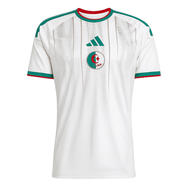 Nueva camiseta de Argelia para la Copa del Mundo 2026: diseño clásico en blanco con detalles en verde y rojo.