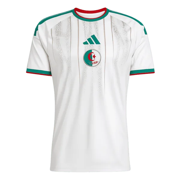 Nueva camiseta de Argelia para la Copa del Mundo 2026: diseño clásico en blanco con detalles en verde y rojo.