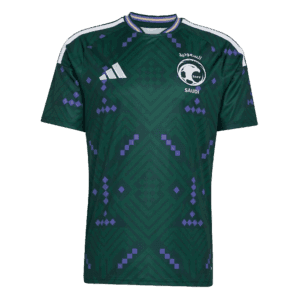 Camiseta de la selección de Arabia Saudí para el Mundial 2026 - Equipación de visitante verde con patrones geométricos.