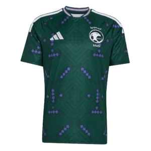 Camiseta de la selección de Arabia Saudí para el Mundial 2026 - Equipación de visitante verde con patrones geométricos.