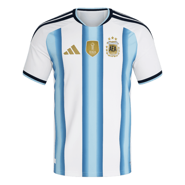 Nueva camiseta de Argentina para la Copa del Mundo 2026: diseño clásico de franjas celestes y blancas con detalles en dorado.