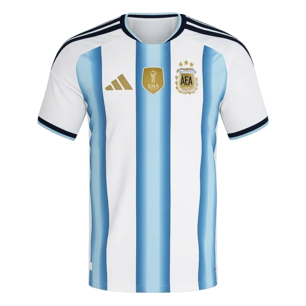 Nueva camiseta de Argentina para la Copa del Mundo 2026: diseño clásico de franjas celestes y blancas con detalles en dorado.