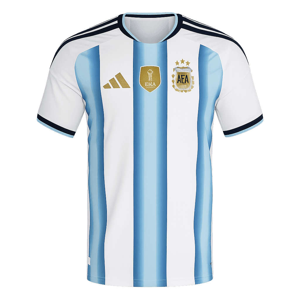 Nueva camiseta de Argentina para la Copa del Mundo 2026: diseño clásico de franjas celestes y blancas con detalles en dorado.