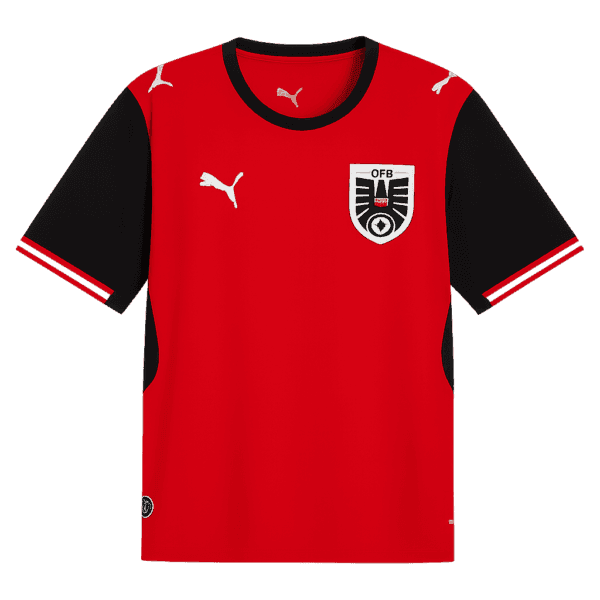 Nueva camiseta de Austria para la Copa del Mundo 2026: diseño en rojo vibrante con mangas negras y detalles en blanco.