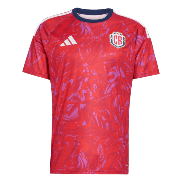 Nueva camiseta de la selección de Costa Rica para la Copa del Mundo 2026: diseño vibrante con patrones abstractos en tonos rojos y morados.
