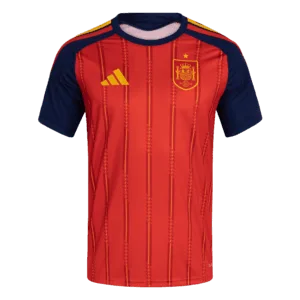 Camiseta de la selección de España para el Mundial 2026 - Equipación local roja con detalles amarillos y azul marino.