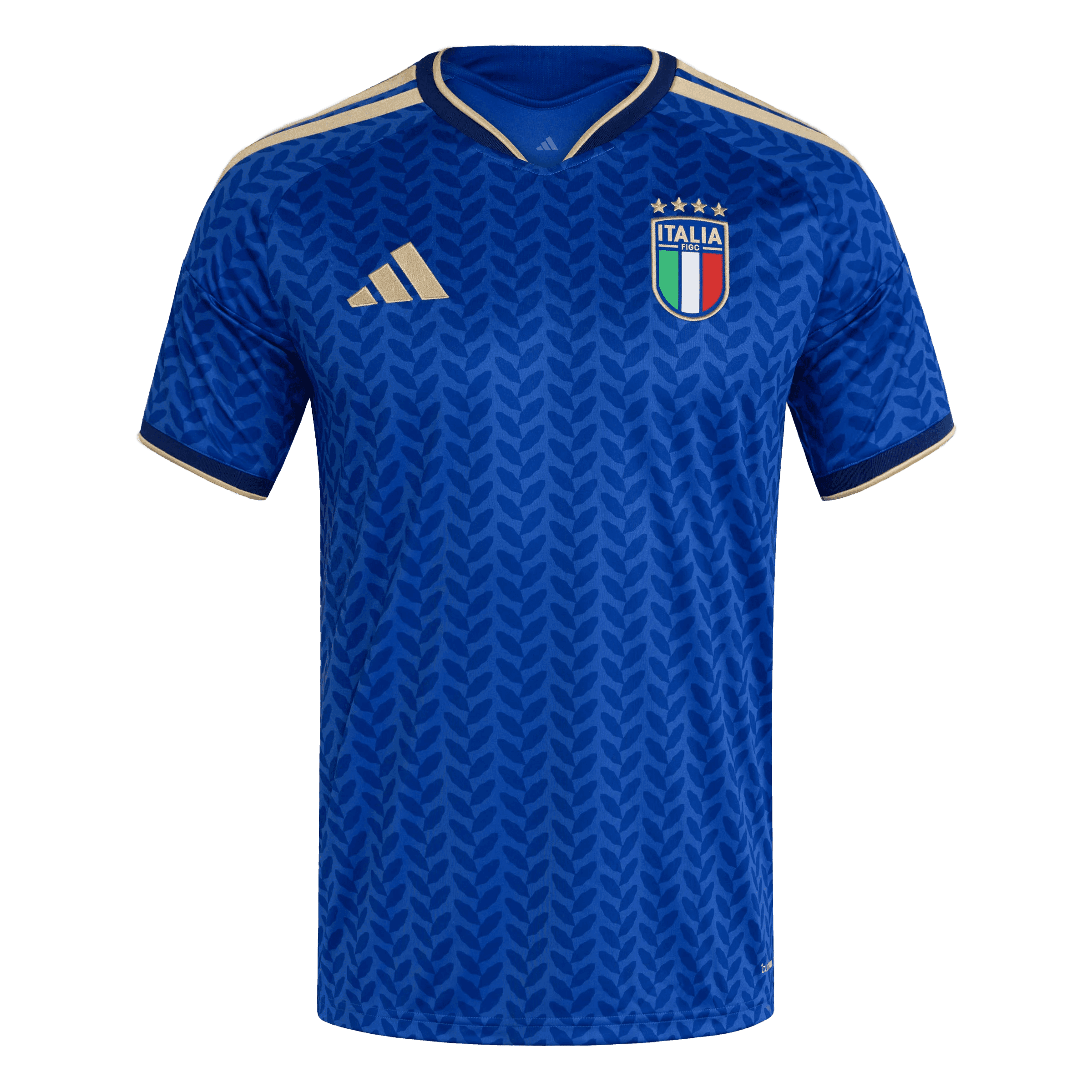 Nueva camiseta de la selección de Italia para la Copa del Mundo 2026: diseño en color azul con patrón gráfico de espiga y detalles dorados.