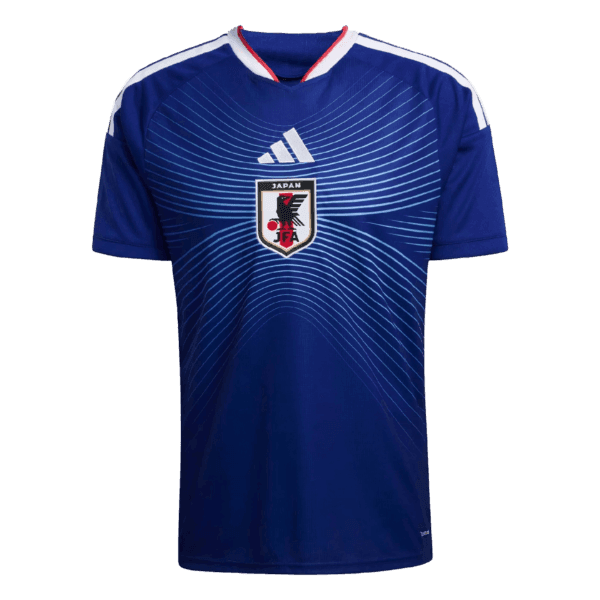 Nueva equipación de la selección de Japón para la Copa del Mundo 2026: diseño en azul profundo con un patrón de líneas radiales que nacen del escudo.