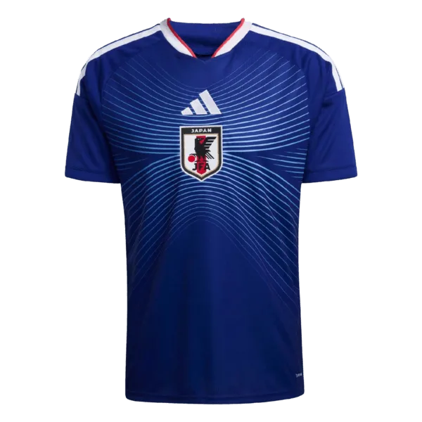 Nueva equipación de la selección de Japón para la Copa del Mundo 2026: diseño en azul profundo con un patrón de líneas radiales que nacen del escudo.