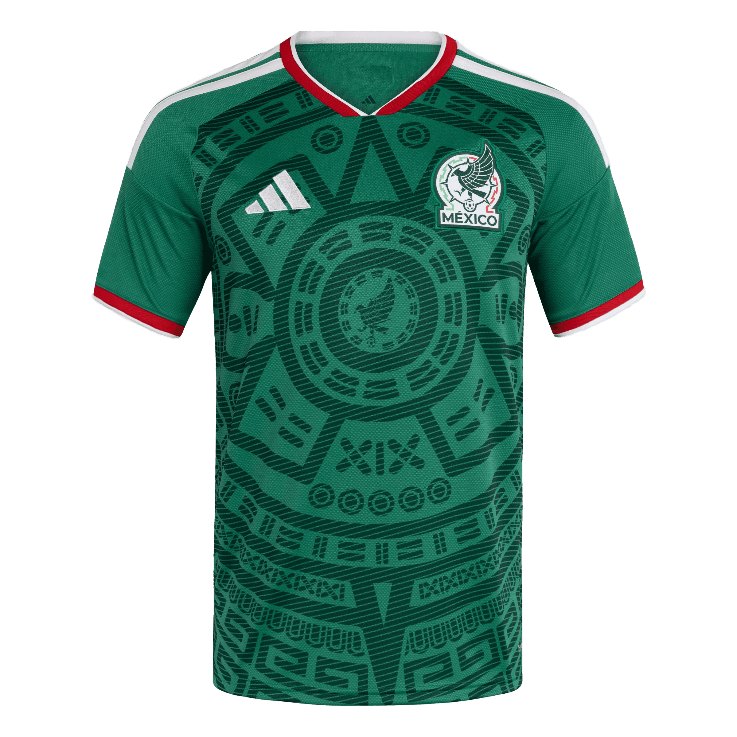 Nueva equipación de la Selección Mexicana para la Copa del Mundo 2026: diseño en verde con un imponente gráfico frontal inspirado en el calendario azteca.
