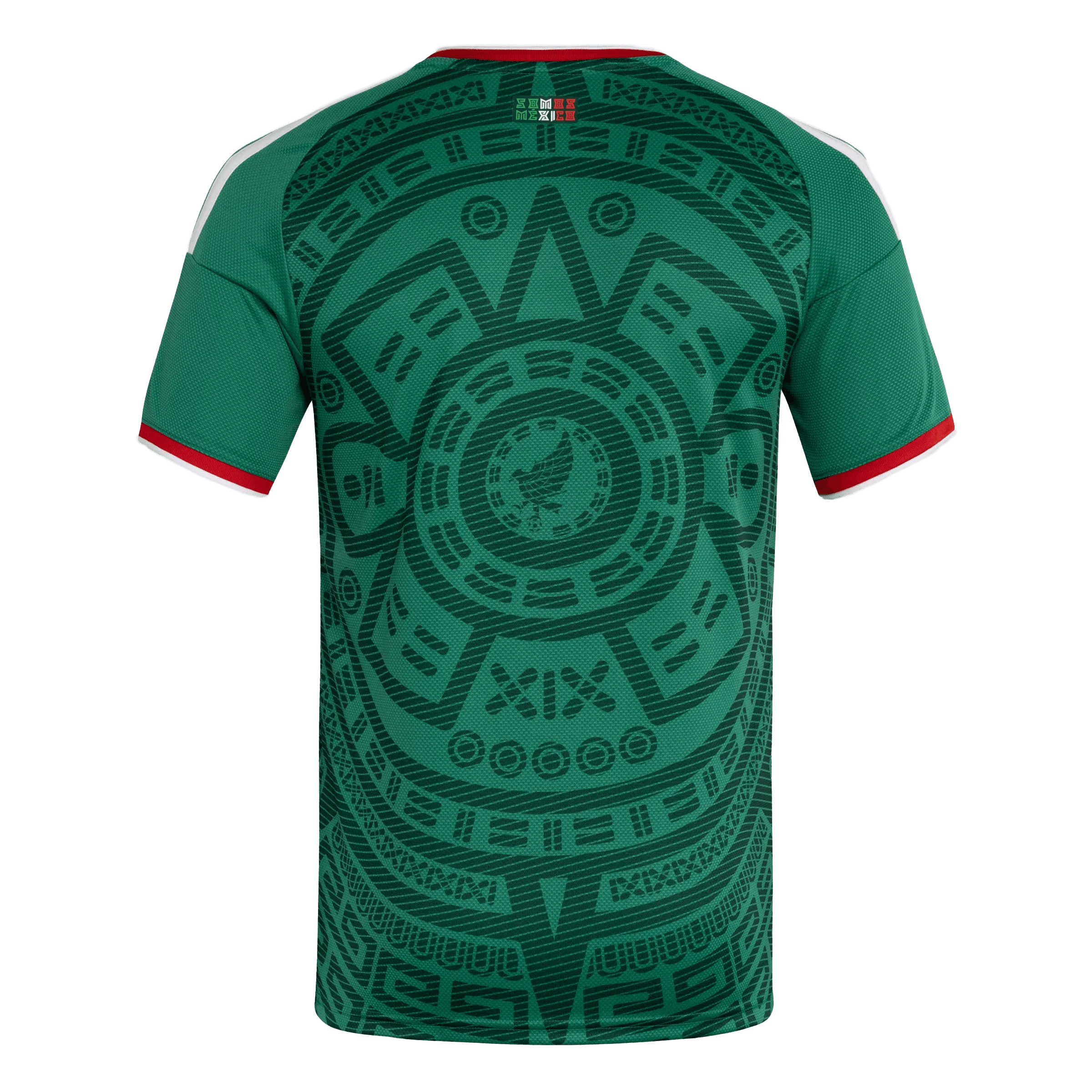Dorsal de la camiseta de México Mundial 2026 - Equipación local verde con detalles prehispánicos.