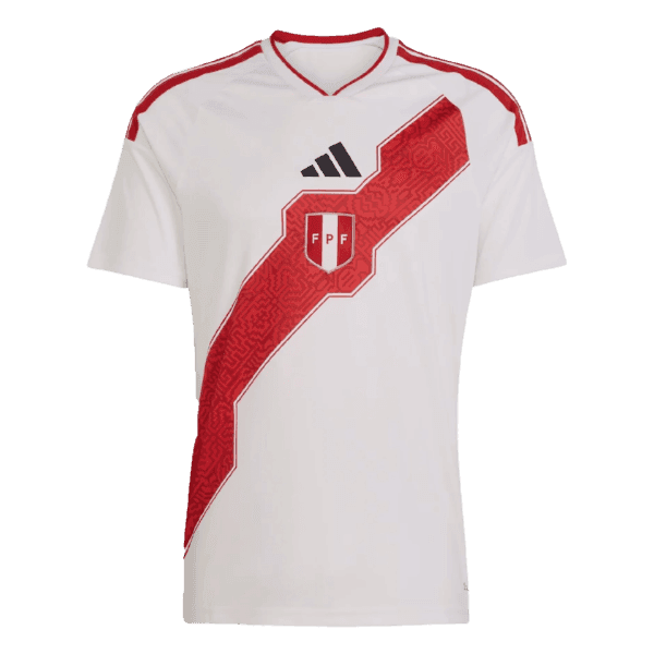 Nueva equipación de la selección peruana para la Copa del Mundo 2026: la clásica franja roja con un patrón gráfico de inspiración incaica.