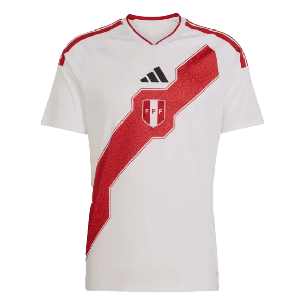 Nueva equipación de la selección peruana para la Copa del Mundo 2026: la clásica franja roja con un patrón gráfico de inspiración incaica.