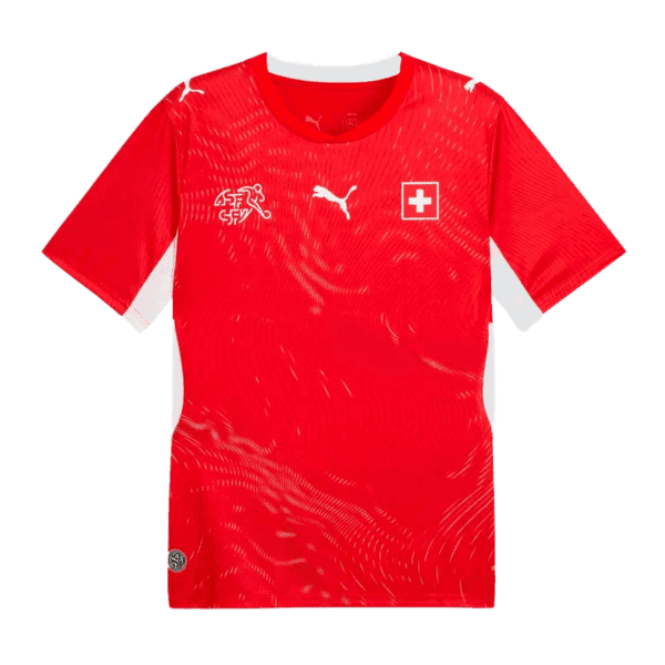 Equipación de la selección de Suiza para la Copa del Mundo 2026. Diseño en color rojo con detalles en blanco.