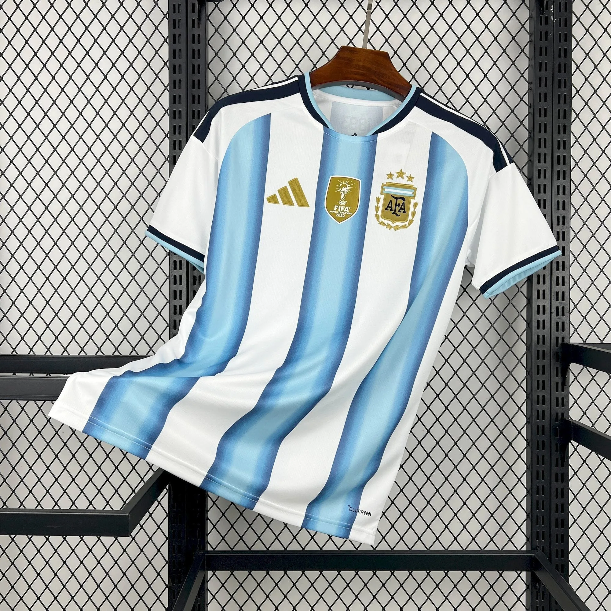 Camiseta oficial de la selección argentina para el Mundial, con diseño de franjas verticales celestes y blancas, cuello redondo y detalles dorados, presentada en un expositor.