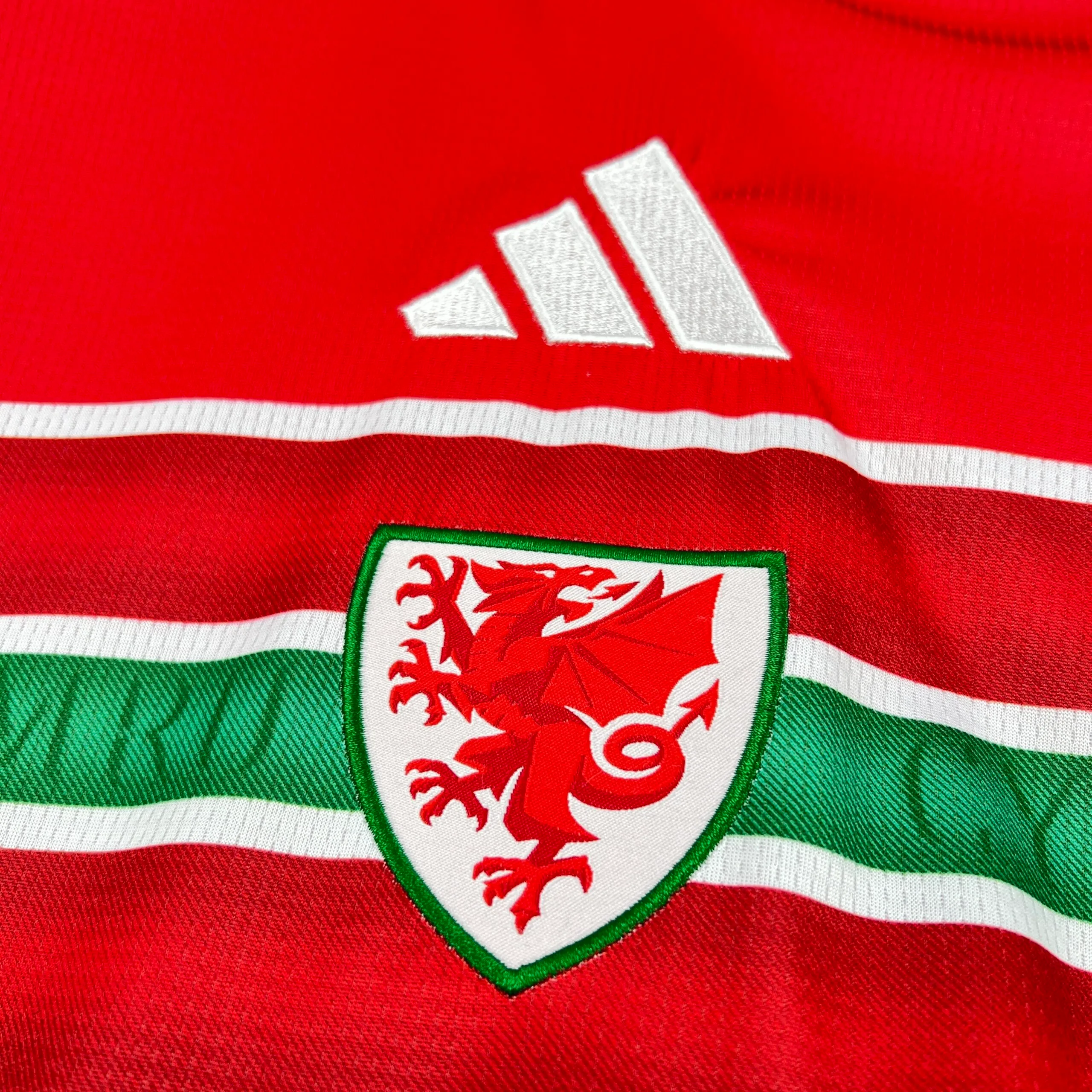 Detalle del emblema bordado sobre el pecho de la camiseta, que muestra el tradicional dragón rojo rampante sobre un escudo blanco con borde verde. El escudo está situado sobre la franja horizontal tricolor y justo debajo del logotipo de la marca deportiva bordado en blanco.