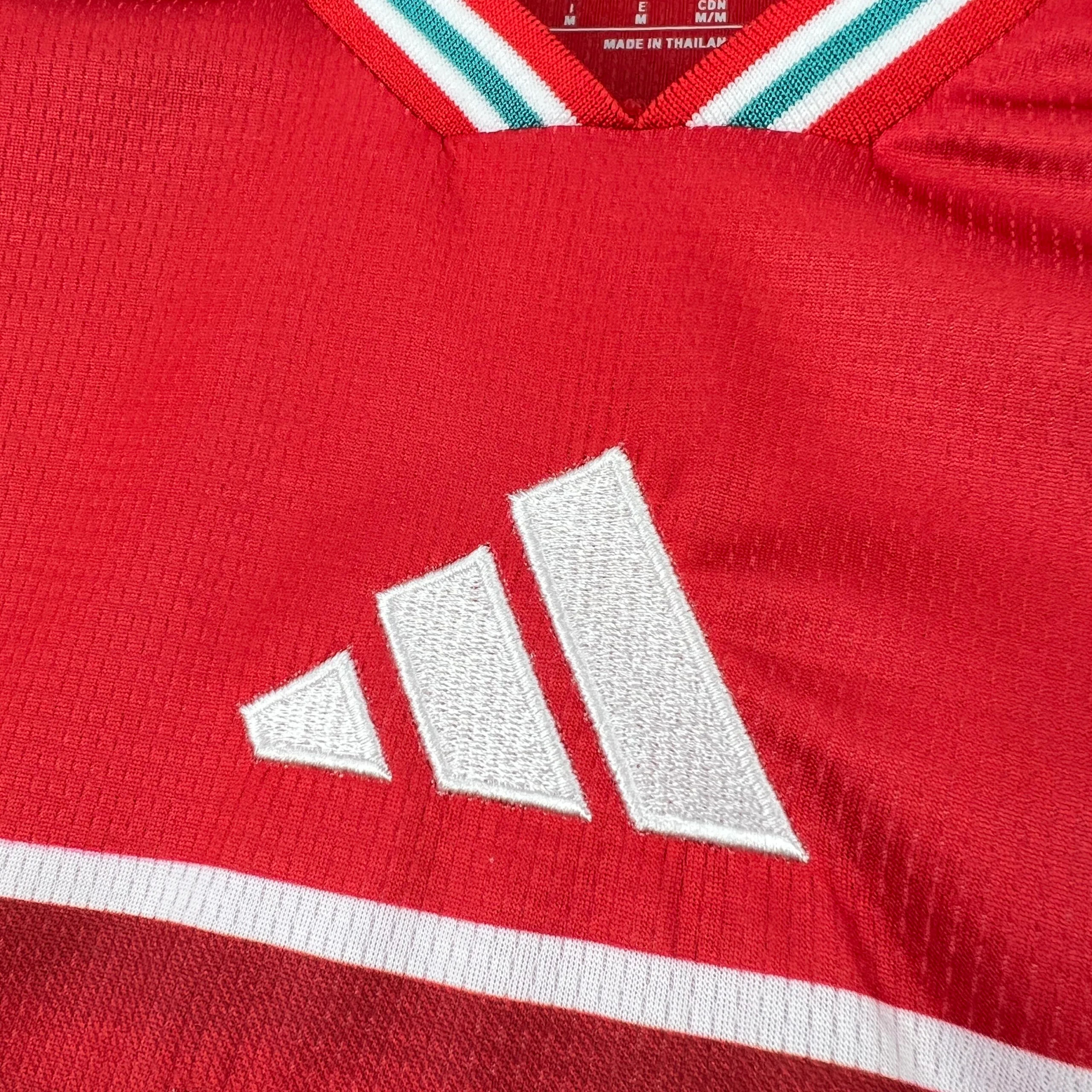 Primer plano del logotipo de la marca deportiva bordado con hilo blanco sobre el tejido técnico rojo de la camiseta de la selección de Gales, situado justo encima de la franja blanca superior del pecho y debajo del cuello en V con ribete tricolor.