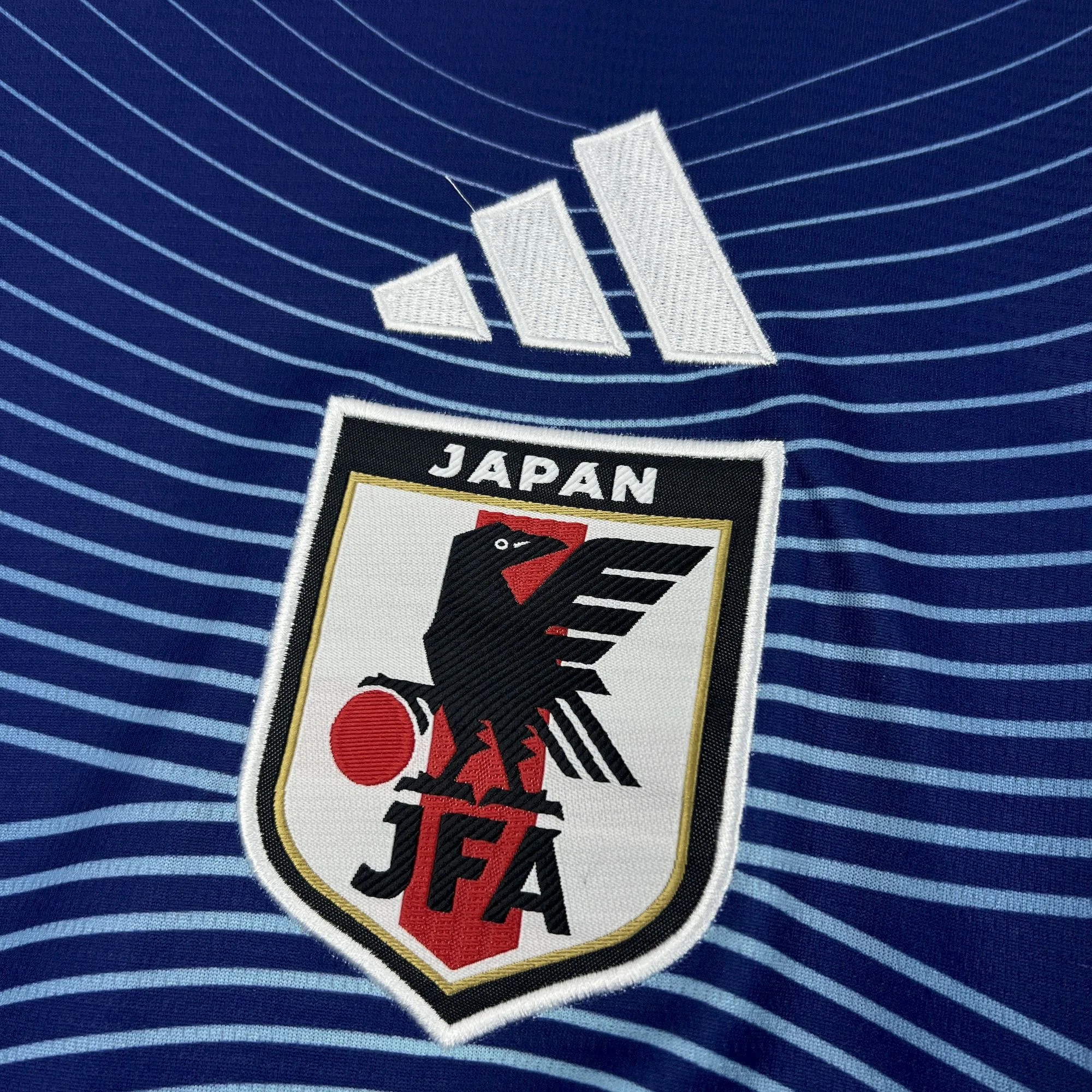 Detalle del escudo de la JFA con el cuervo de tres patas sobre un patrón de líneas azules.