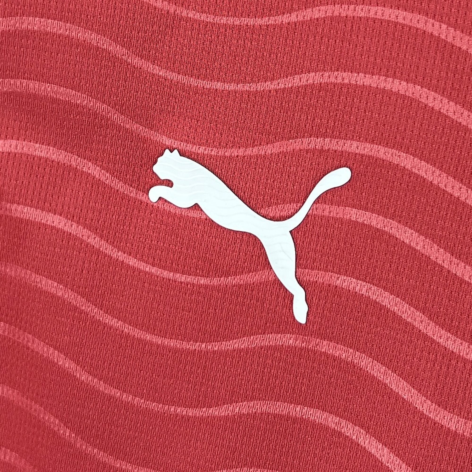 Detalle de logotipo decorativo en color blanco bordado sobre el fondo granate de la prenda.