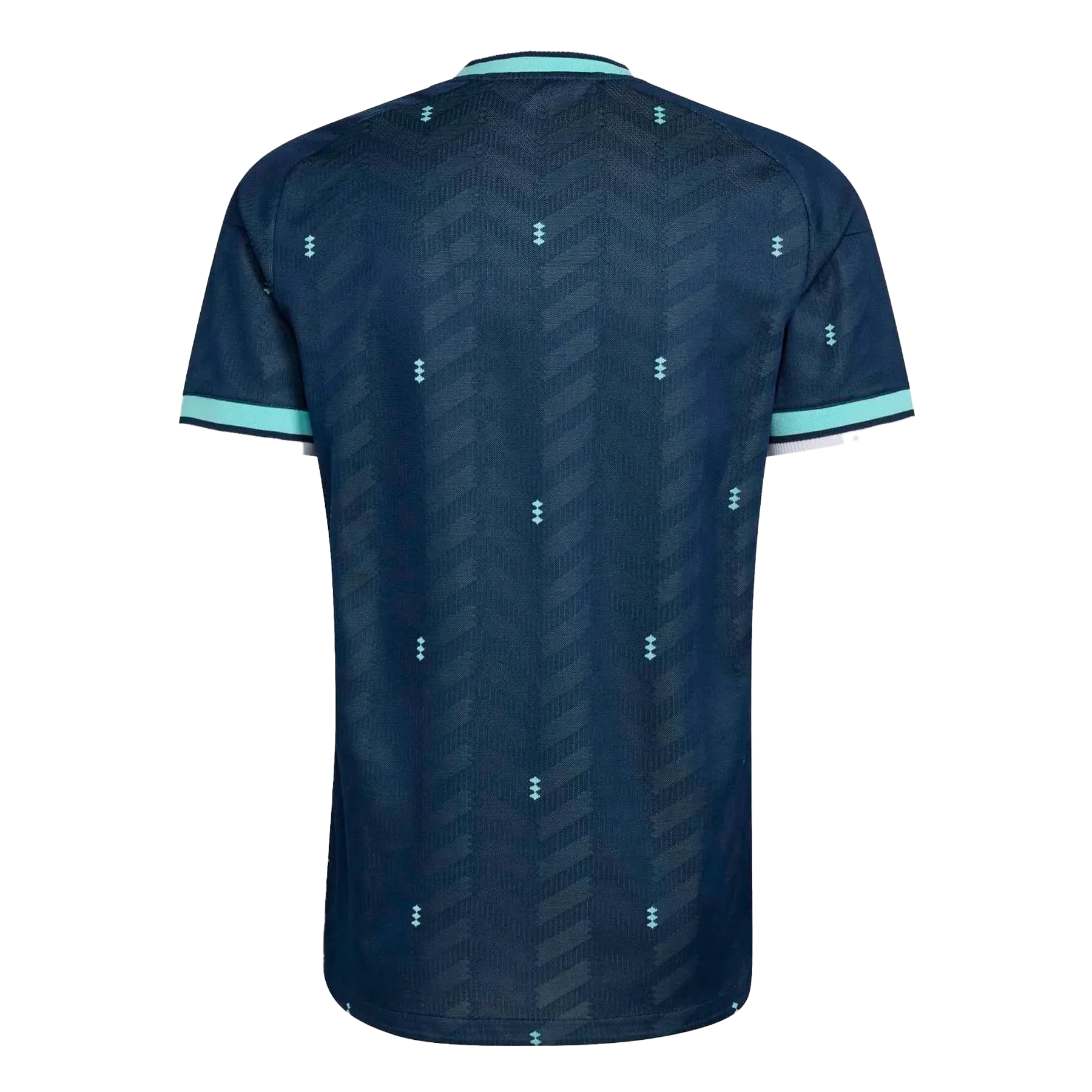 Dorsal de la camiseta de Alemania para el Mundial 2026 - Vista trasera azul marino con patrones geométricos y detalles menta.