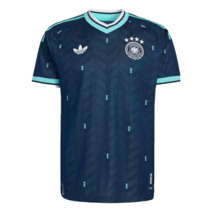 Camiseta de la selección de Alemania para el Mundial 2026 - Equipación de visitante azul marino con detalles en verde menta y blanco.