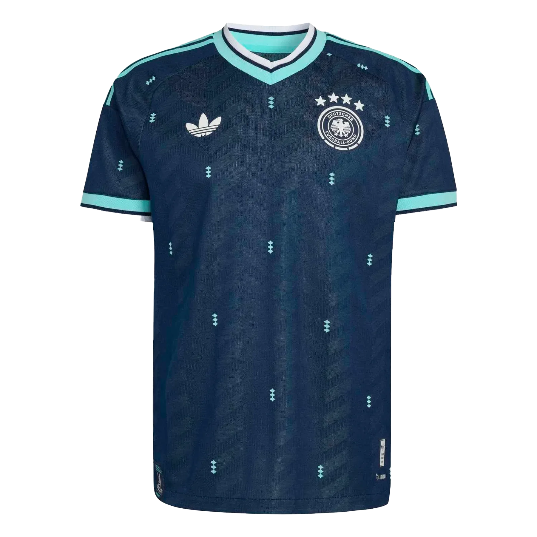 Camiseta de la selección de Alemania para el Mundial 2026 - Equipación de visitante azul marino con detalles en verde menta y blanco.