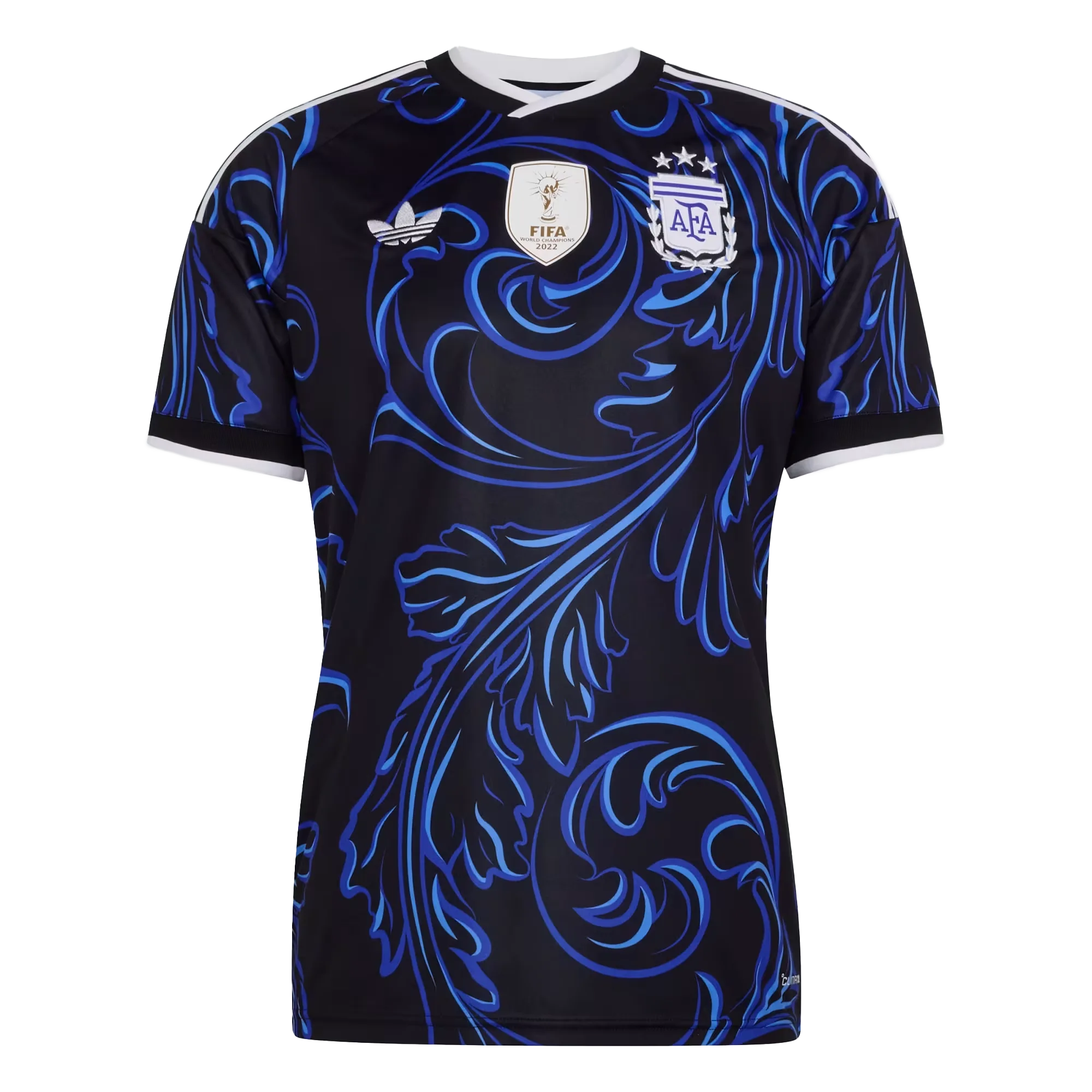 Camiseta de la selección de Argentina para el Mundial 2026 - Equipación azul oscuro con patrones de filigrana y parches conmemorativos.