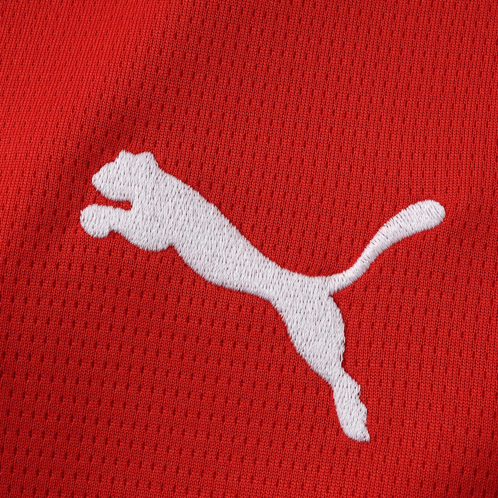 Detalle de elemento decorativo blanco bordado sobre la tela roja con textura técnica.