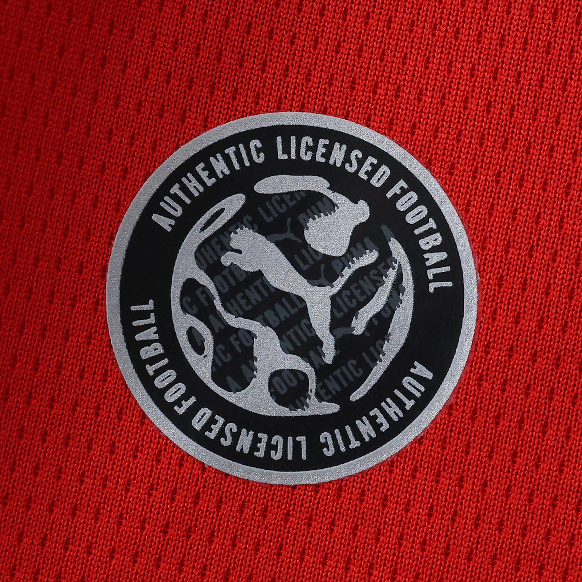 Detalle del sello circular plateado de autenticidad en la parte inferior de la equipación de Austria.