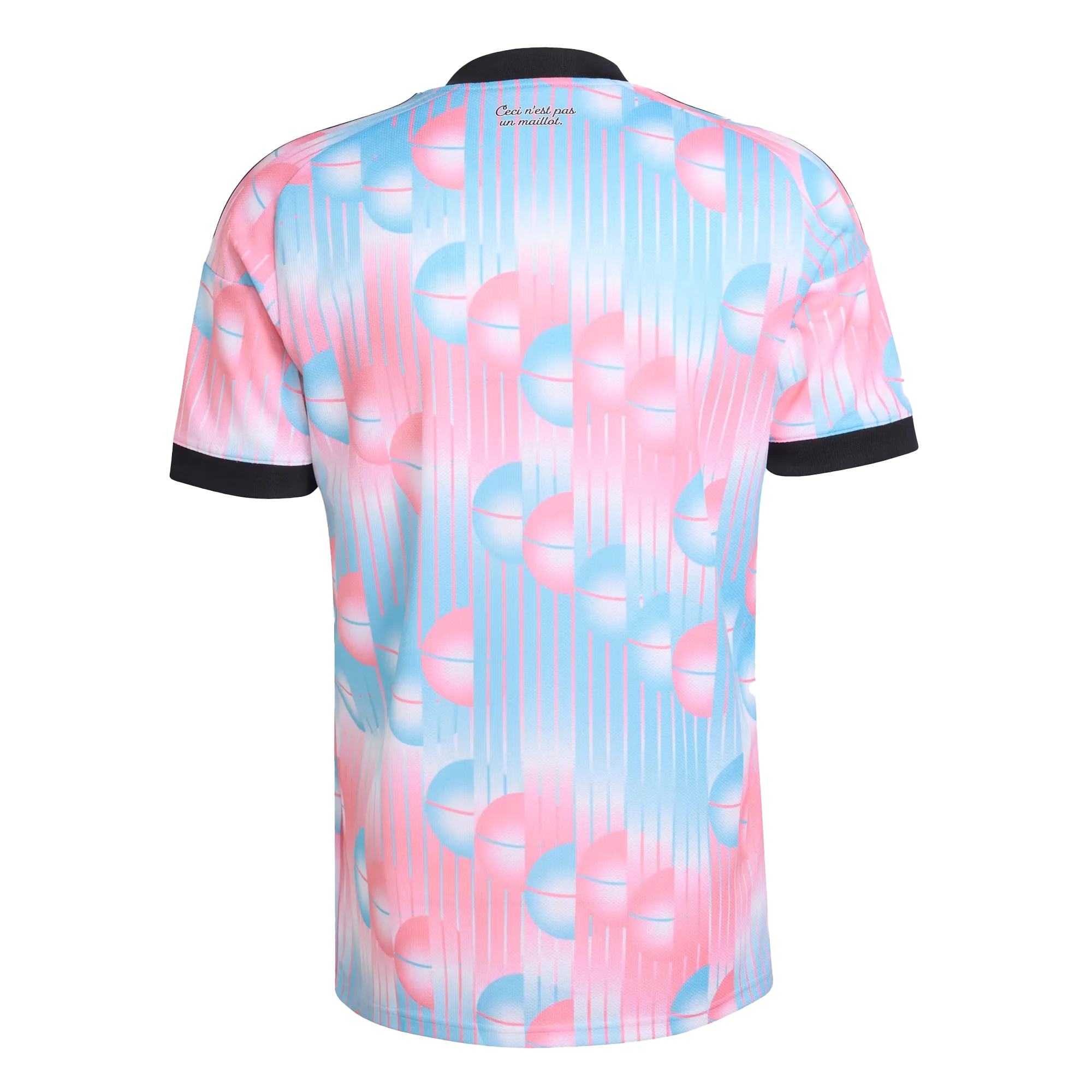 Dorsal de la camiseta de Bélgica para el Mundial 2026 - Vista trasera con patrón de esferas rosa y azul claro.