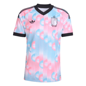 Camiseta de la selección de Bélgica para el Mundial 2026 - Equipación de visitante con patrón de esferas en rosa y azul claro.