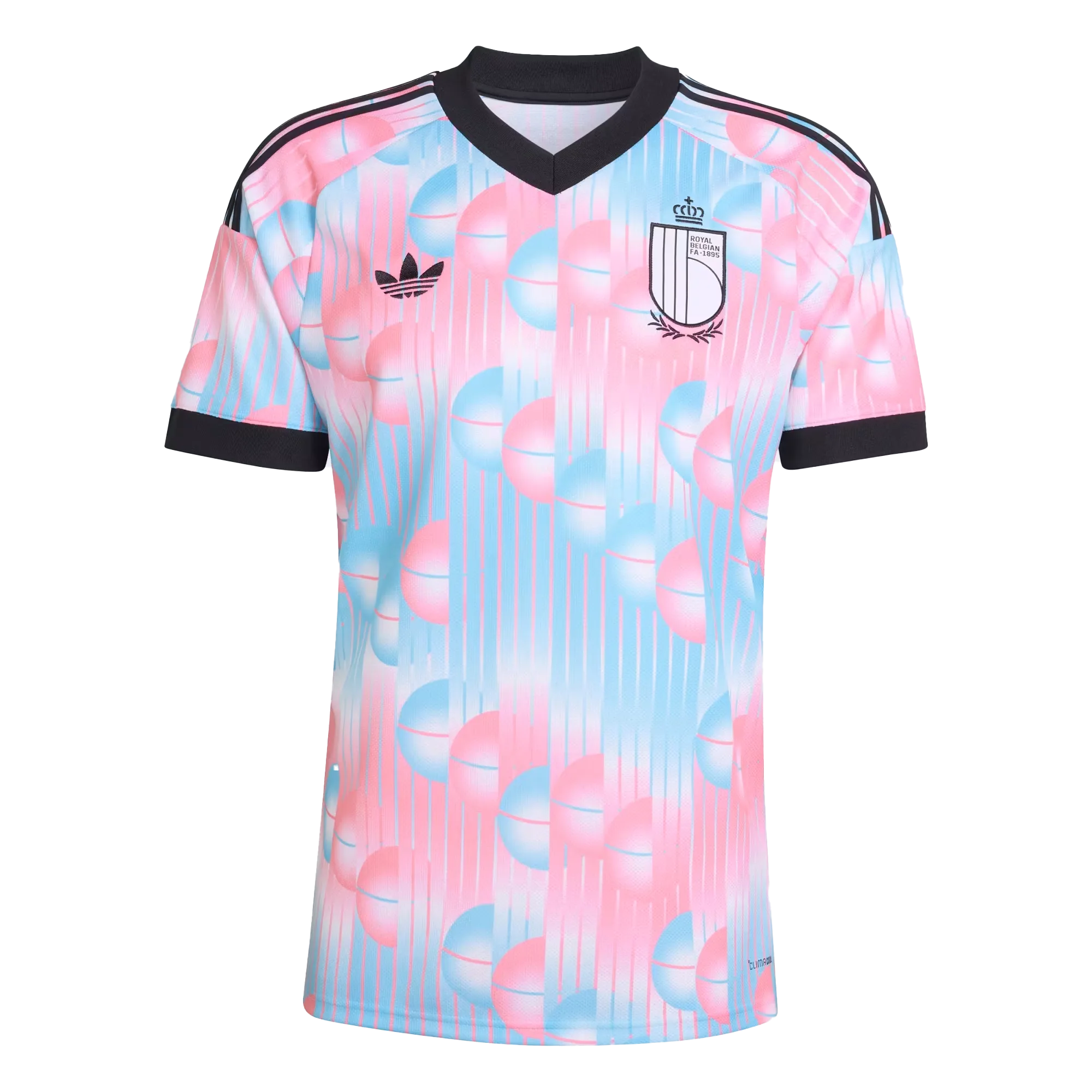 Camiseta de la selección de Bélgica para el Mundial 2026 - Equipación de visitante con patrón de esferas en rosa y azul claro.