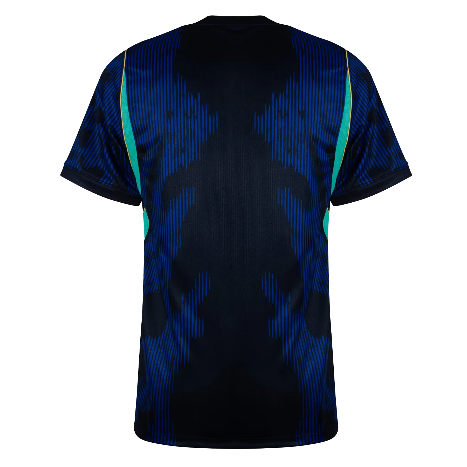 Dorsal de la camiseta de Brasil para el Mundial 2026 - Vista trasera azul oscuro con patrones de líneas eléctricas.