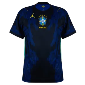 Camiseta de la selección de Brasil para el Mundial 2026 - Equipación de visitante azul oscuro con gráficos de líneas dinámicas.