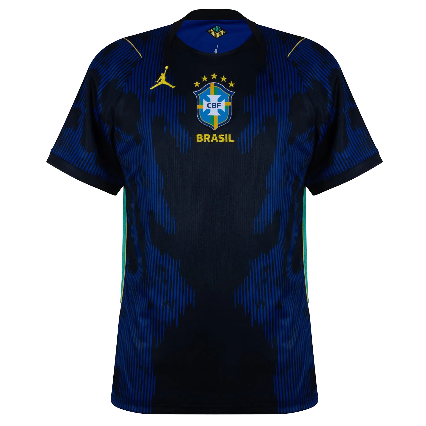 Camiseta de la selección de Brasil para el Mundial 2026 - Equipación de visitante azul oscuro con gráficos de líneas dinámicas.