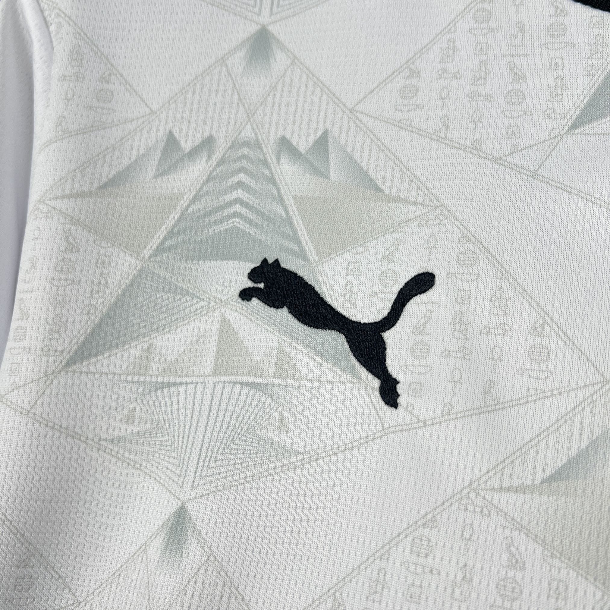 Detalle decorativo bordado en color negro sobre el tejido técnico blanco de la prenda.