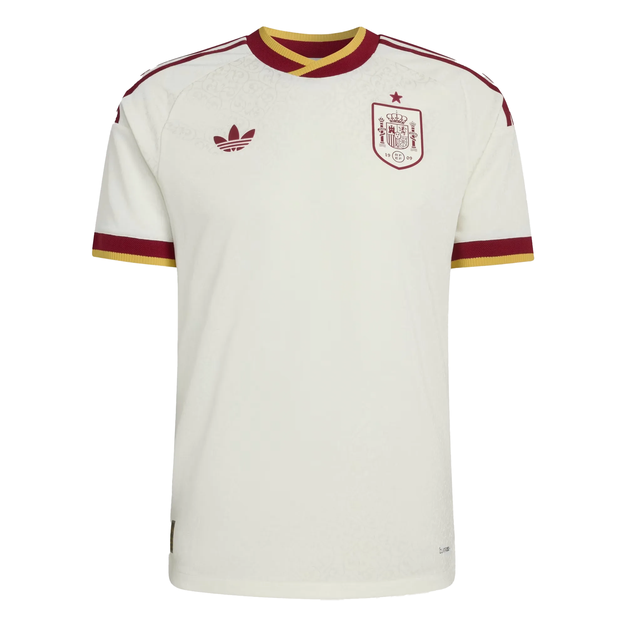 Camiseta de la selección de España para el Mundial 2026 - Equipación visitante blanca con detalles en granate y dorado.