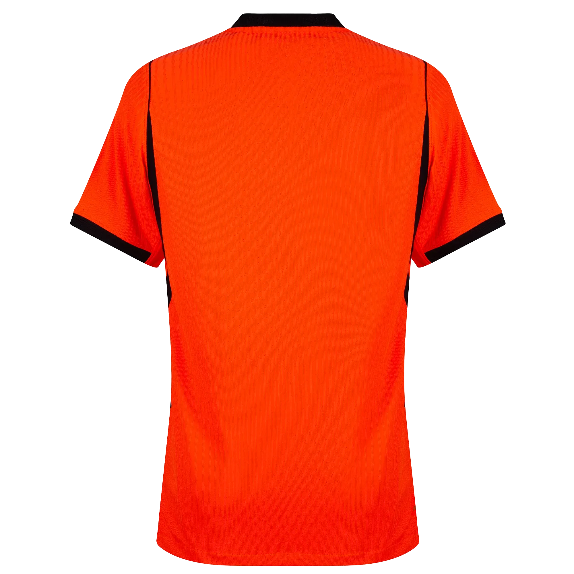 Dorsal de la camiseta de Países Bajos para el Mundial 2026 - Vista trasera naranja con paneles laterales negros.