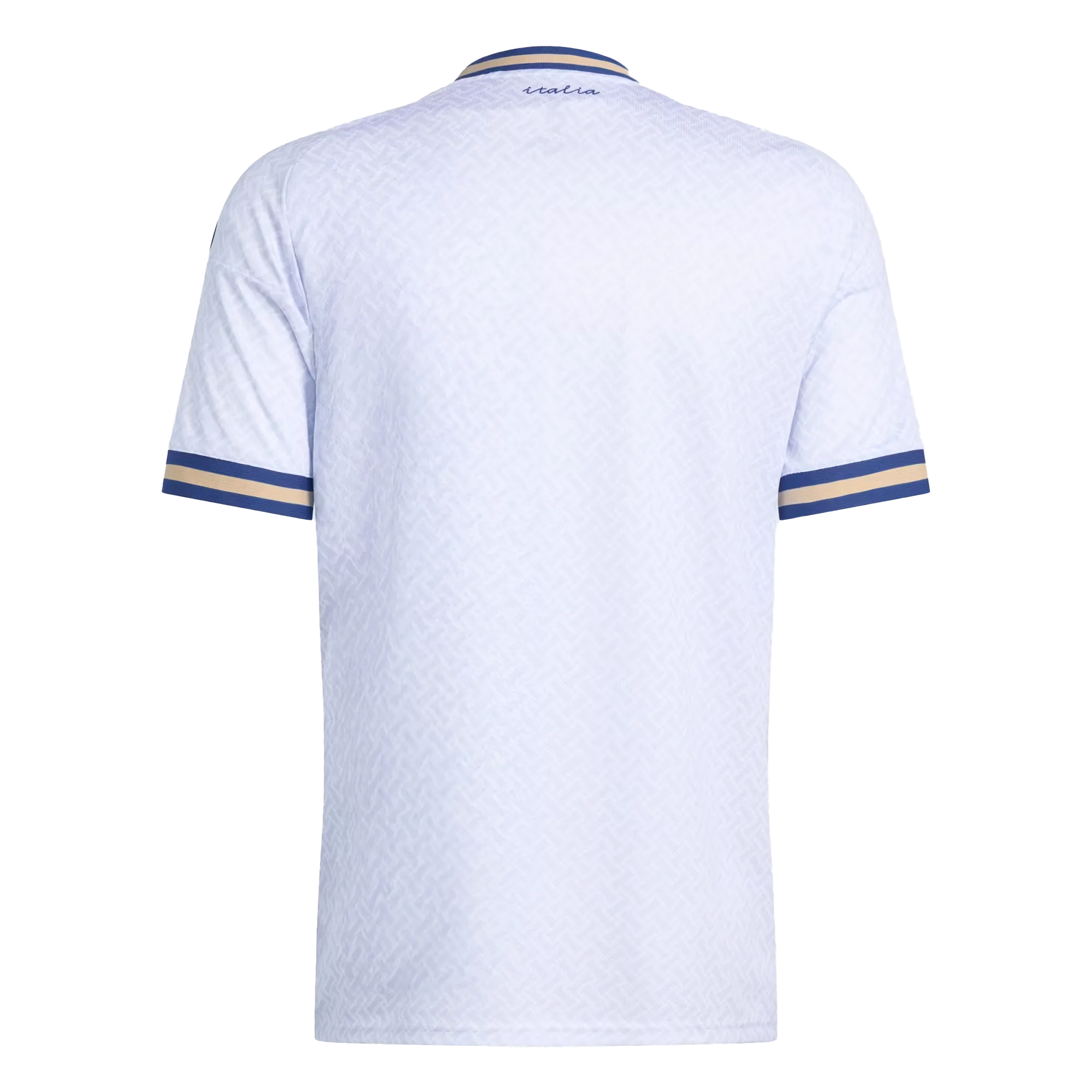 Dorsal de la camiseta de Italia para el Mundial 2026 - Vista trasera blanca con detalles en azul y dorado.