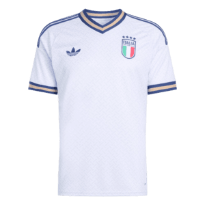 Camiseta de la selección de Italia para el Mundial 2026 - Equipación de visitante blanca con detalles en azul y dorado.