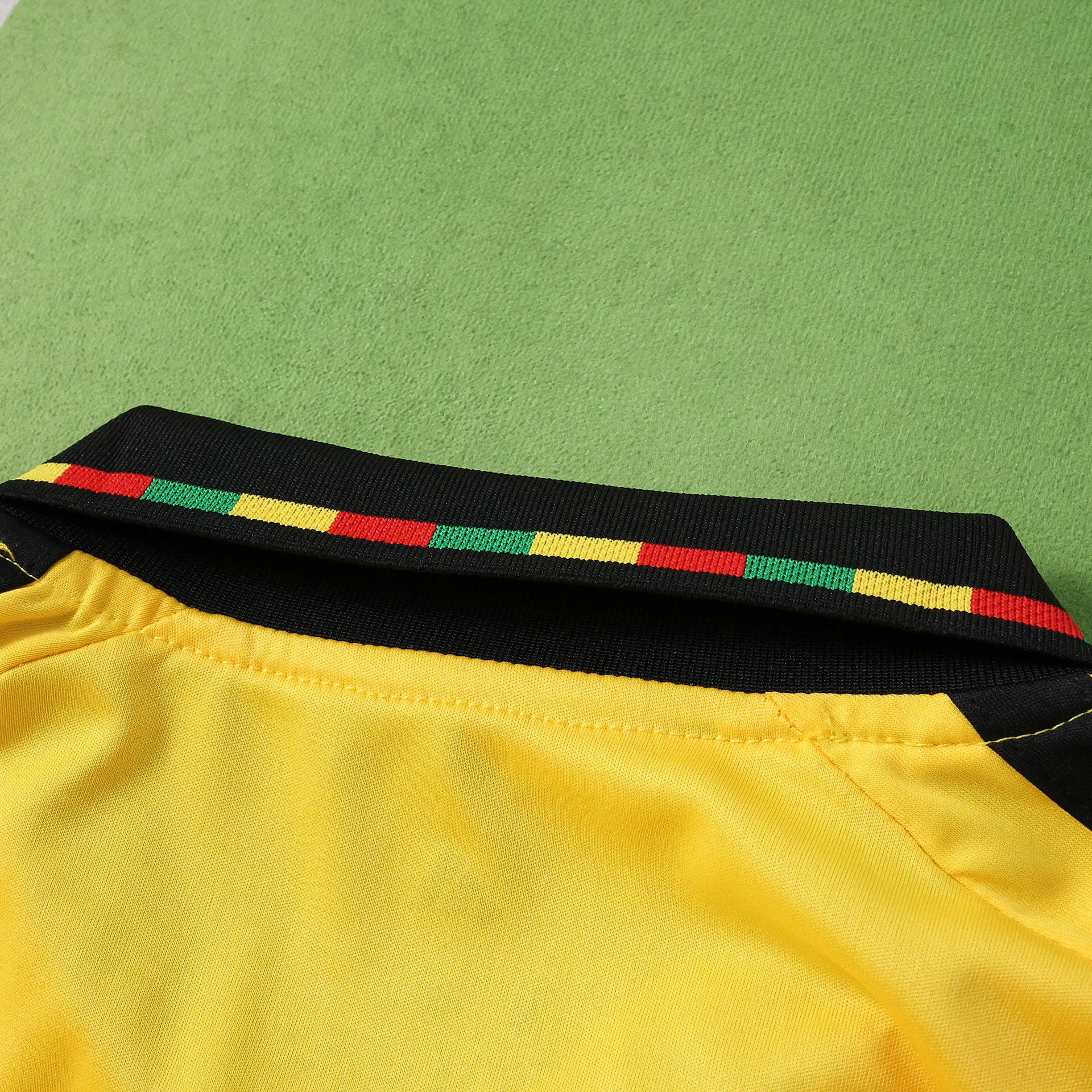 Primer plano de la parte trasera del cuello negro con una franja decorativa en bloques verde, amarillo y rojo.