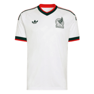 Camiseta de la selección de México para el Mundial 2026 - Equipación de visitante blanca con patrones prehispánicos en gris y verde.