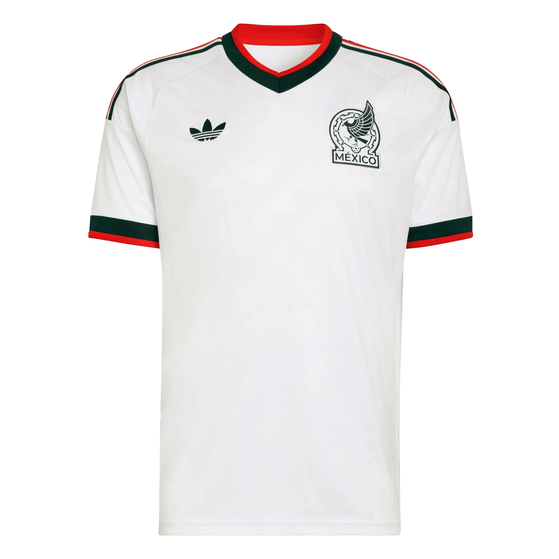 Camiseta de la selección de México para el Mundial 2026 - Equipación de visitante blanca con patrones prehispánicos en gris y verde.