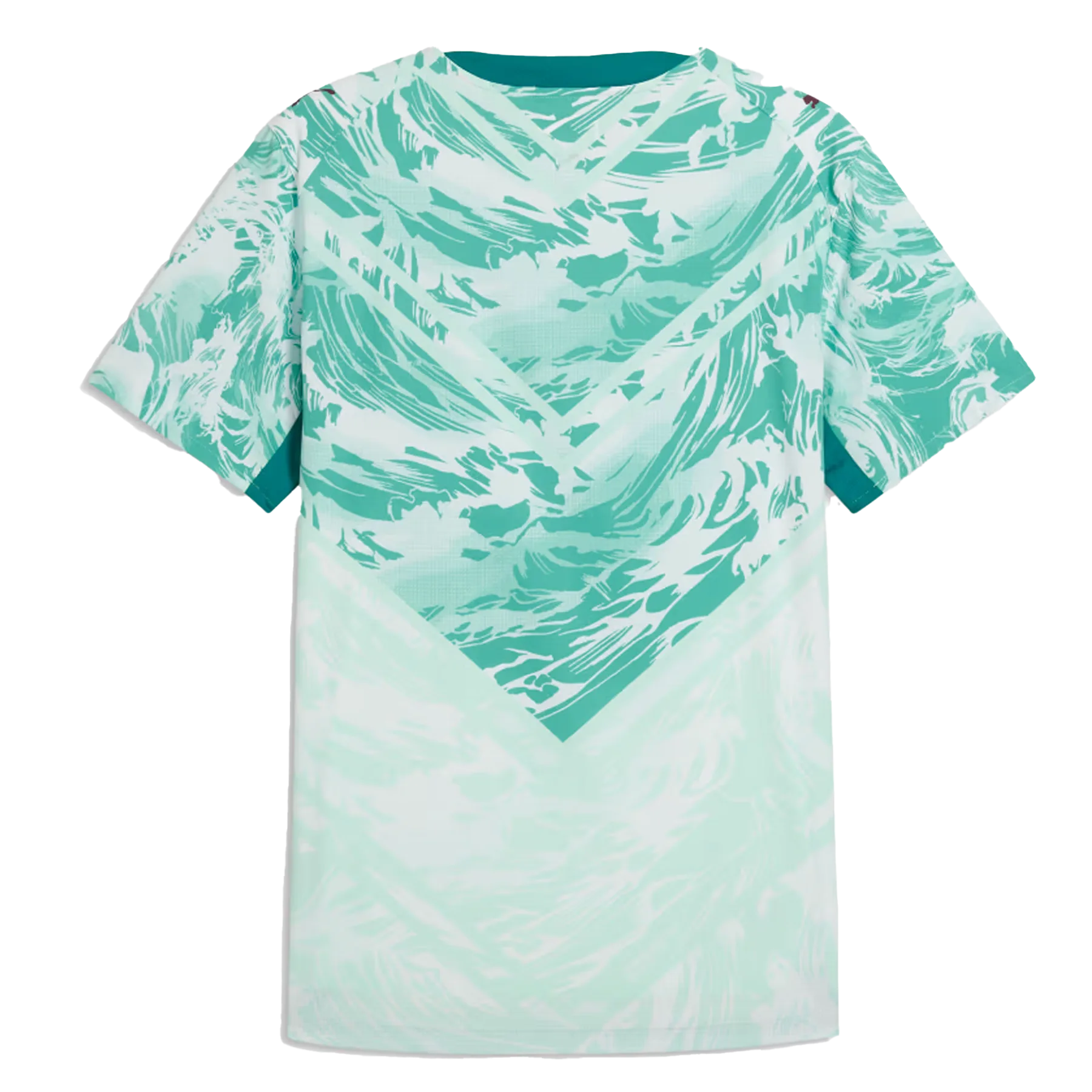 Dorsal de la camiseta de Portugal para el Mundial 2026 - Vista trasera blanca con patrones artísticos en verde agua.