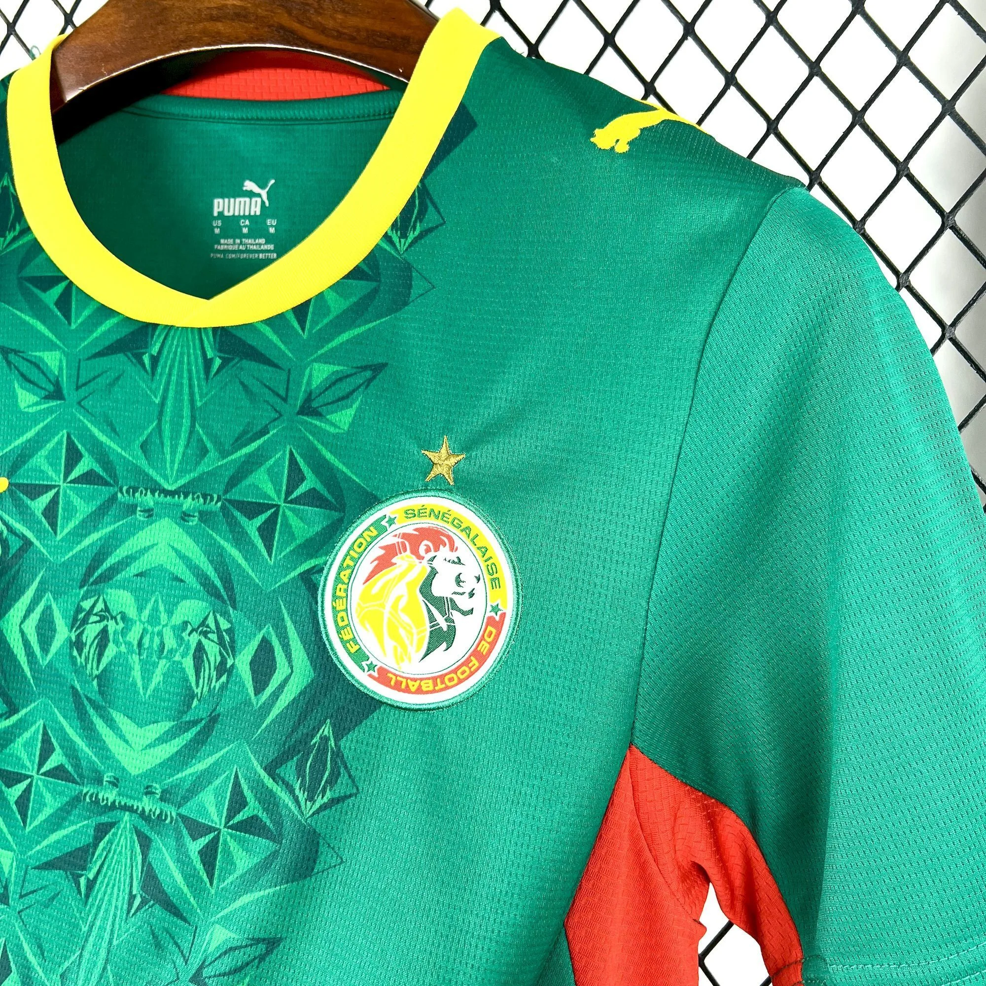 Detalle del escudo de la Federación Senegalesa de Fútbol con el león bordado sobre el fondo verde de la camiseta.