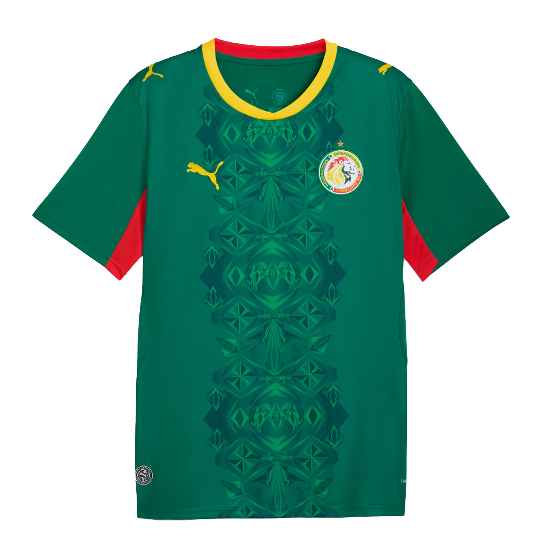 Camiseta de la selección de Senegal para el Mundial 2026 - Equipación de visitante verde con patrones geométricos étnicos.