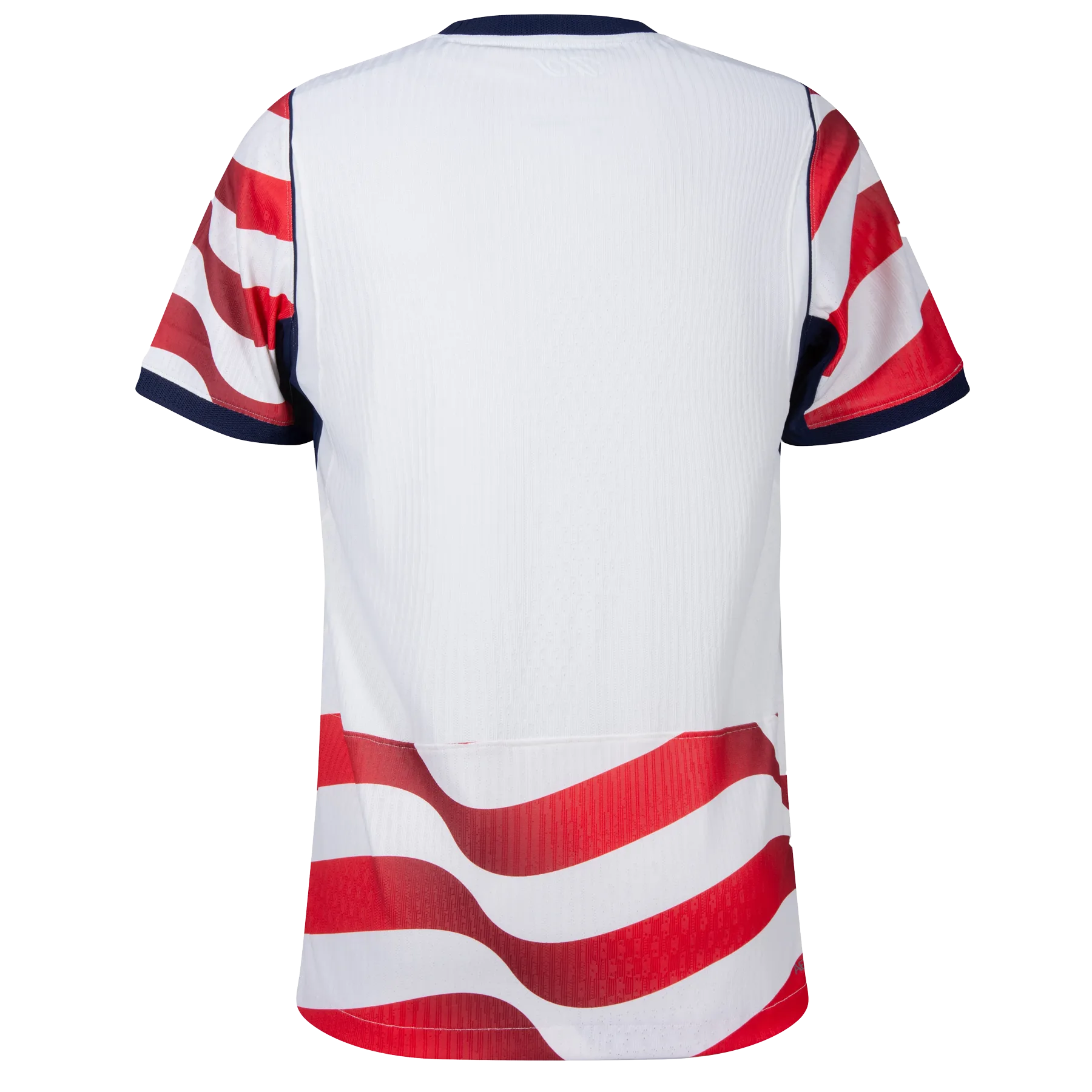 Dorsal de la camiseta de Estados Unidos para el Mundial 2026 - Vista trasera blanca con franjas onduladas rojas en la parte inferior.
