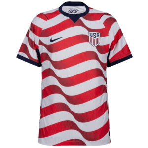 Camiseta de la selección de Estados Unidos para el Mundial 2026 - Primera equipación con franjas rojas y blancas onduladas.