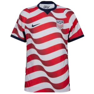 Camiseta de la selección de Estados Unidos para el Mundial 2026 - Primera equipación con franjas rojas y blancas onduladas.